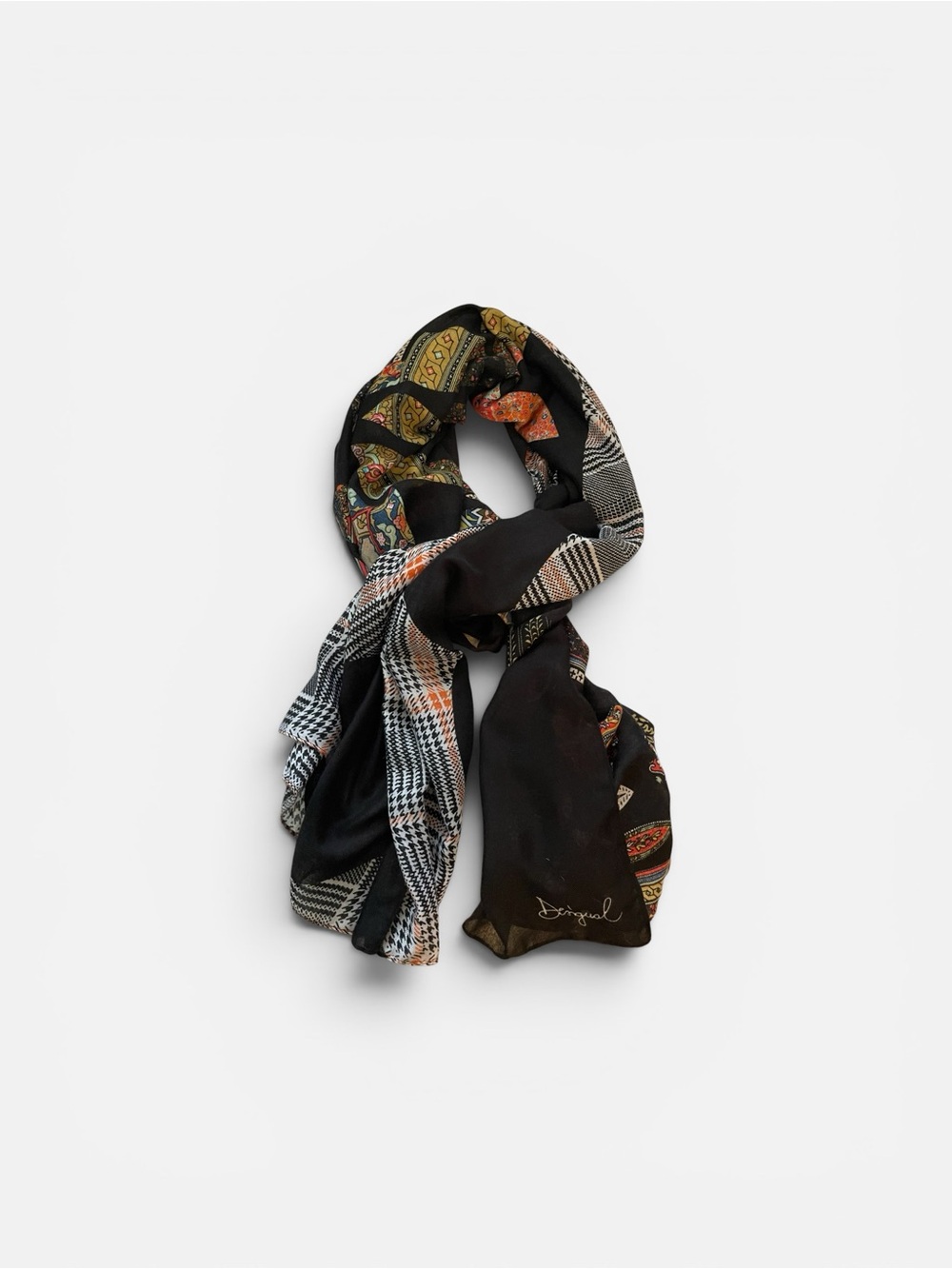 Desigual Boho Patchwork Print Sheer Scarf Wrap